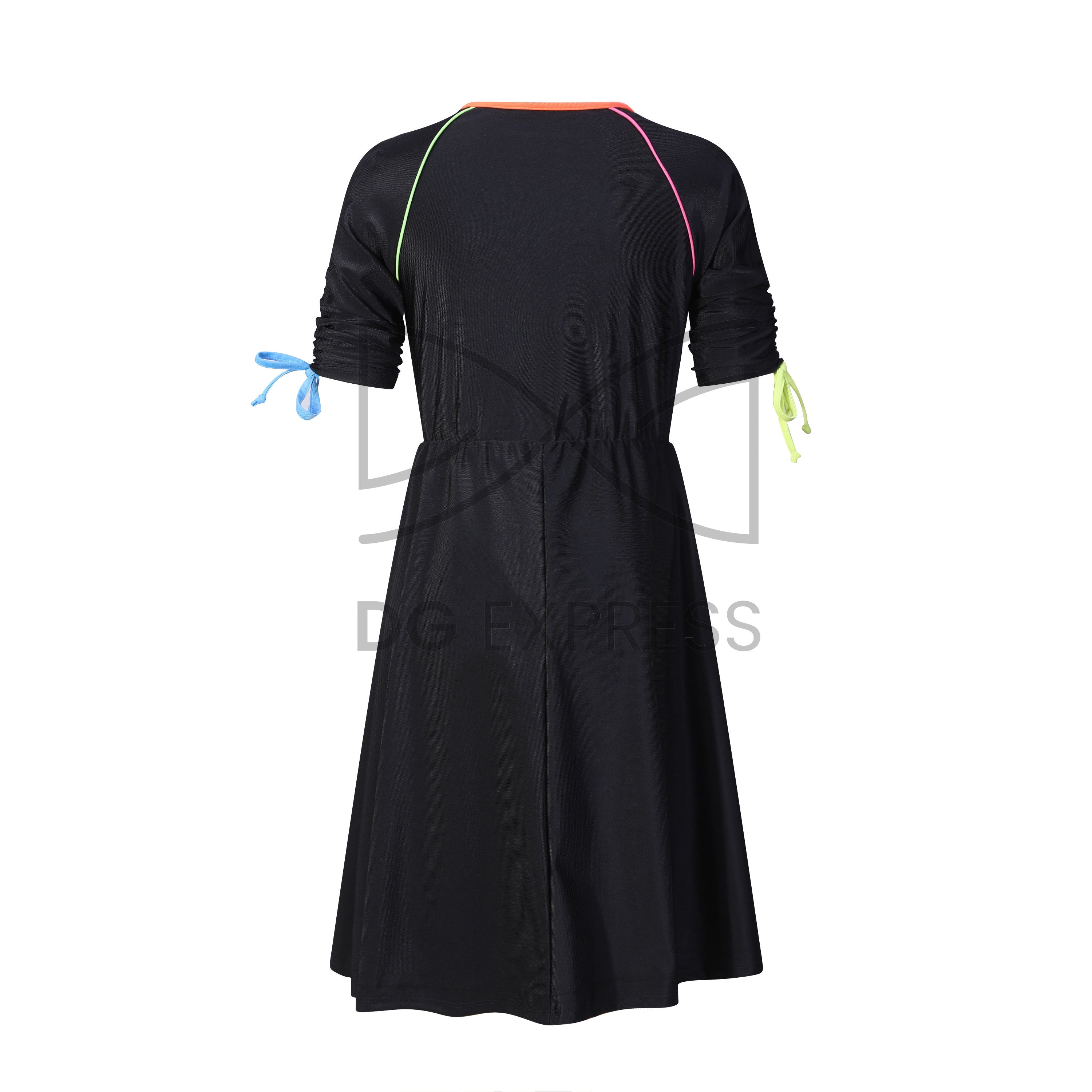 Abstract Girl's Black With Neon Trim Swim Dress