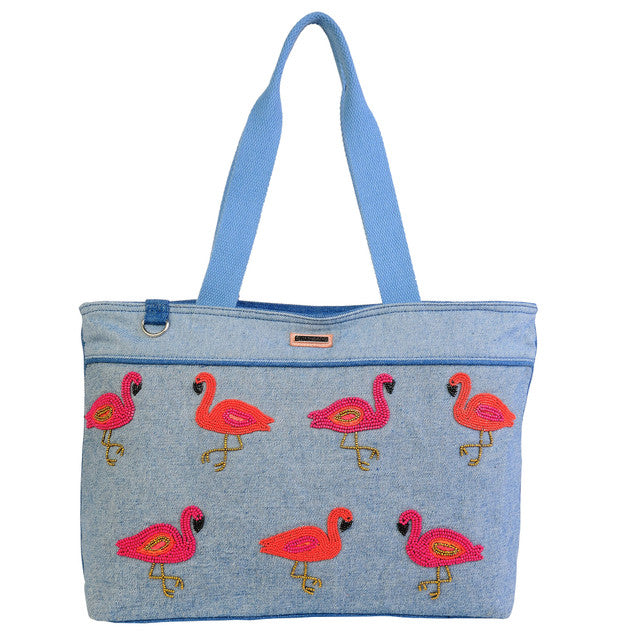 Sun -N- Sand Beaded Flamingo Denim Tote Bag